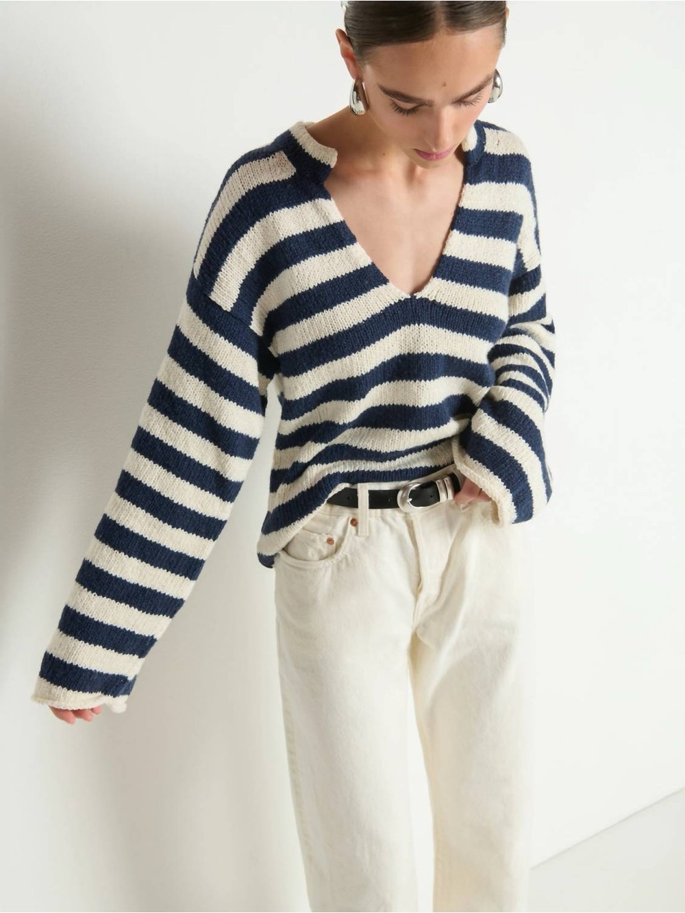 Nation LTD Renata Popover Navy and Cream Striped V‑Neck Sweater